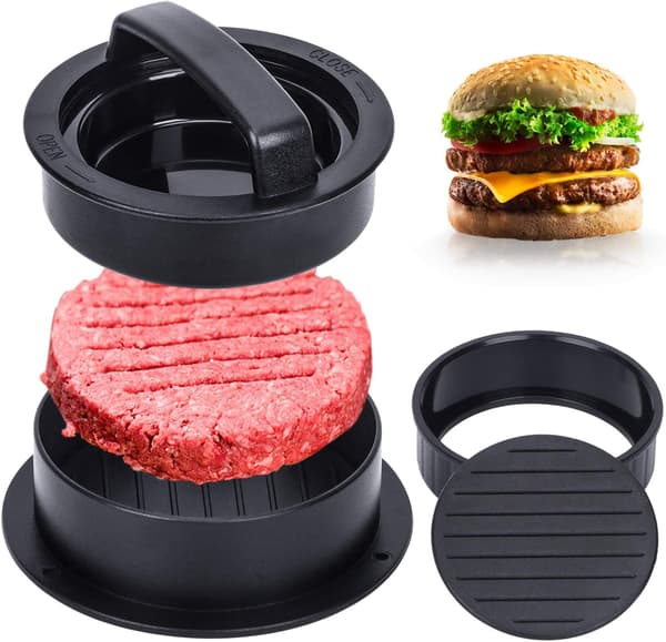Hamburgerpress, med 100 st hamburgerpapper, 3-i-1 non-stick biff-form