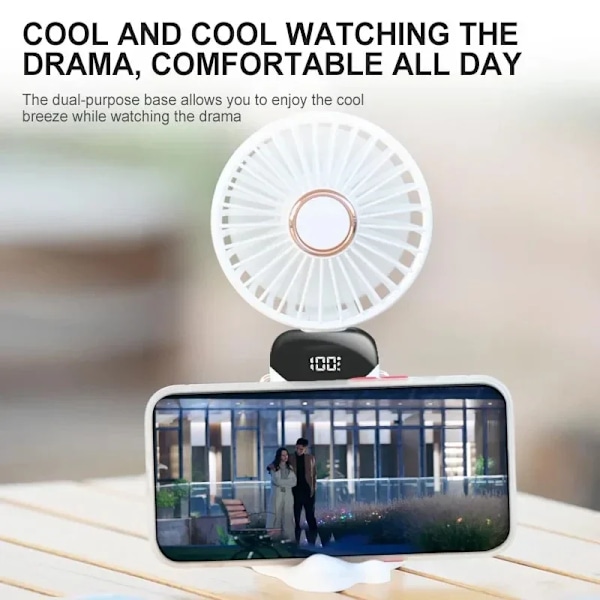 Ventilator - Mini Håndholdt Foldbar, 5 Vindhastigheder Med Mobiltelefonholder Og Display, 1800Mah (Mørkeblå)