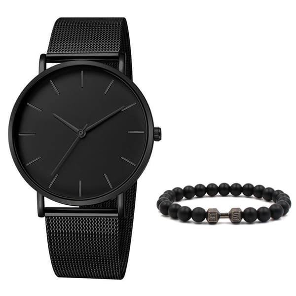 Enkel modeklocka för män + armbandsset (svart)