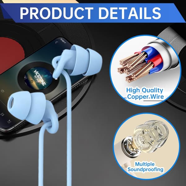 Sömn trådbundna hörlurar, 3,5 mm för in-ear brus med mikrofon volymkontroll (blå) Blue