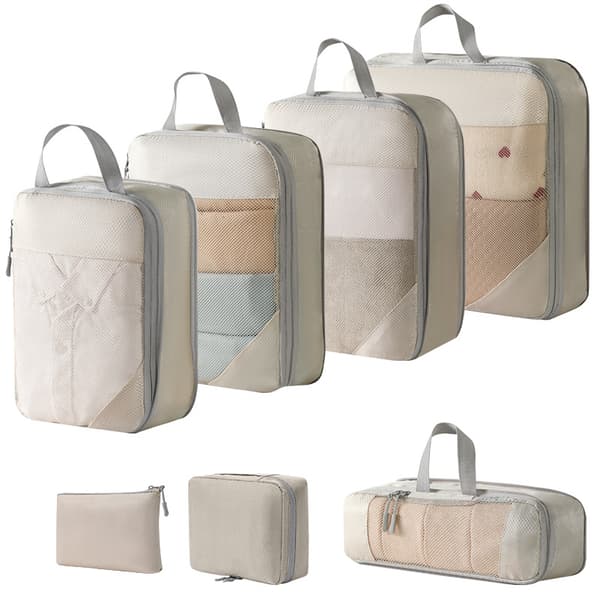 Kuffert Organizer Taskesæt, Med Digital Taske Og Toilettaske 7 Pak (Beige)
