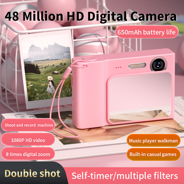 Retro Ccd-kortkamera, inngangsnivå Dslr-kamera, 4K dobbeltkamera komplementær belysning rosa