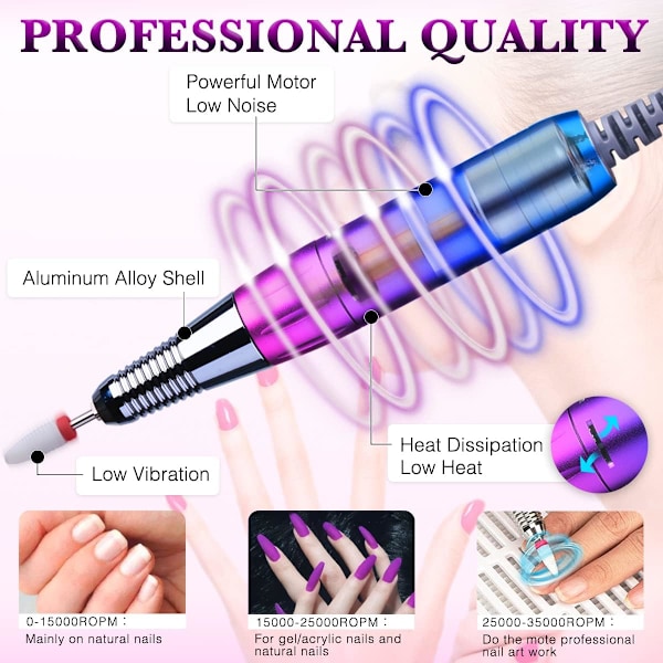 Professionell Portabel Elektrisk Nagelfil - 35000 RPM Akryl Nagelkit, (Gradient Blå)