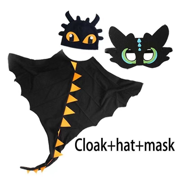 Kids Cloak Kit Dinosaur Cosplay Cape Hat Mask -asu Black