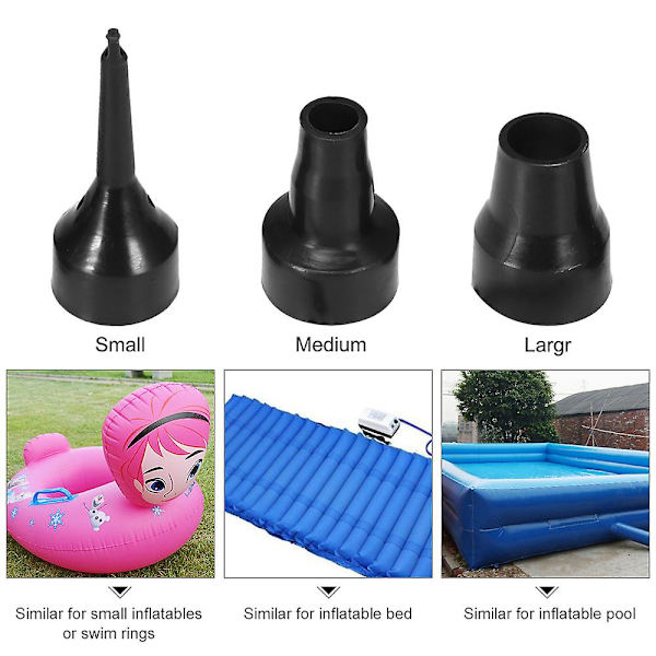 1 st elektrisk luftpump, 1 st billaddarkabel, 1 st Eu-laddarkabel, 3 st löstagbara munstycken