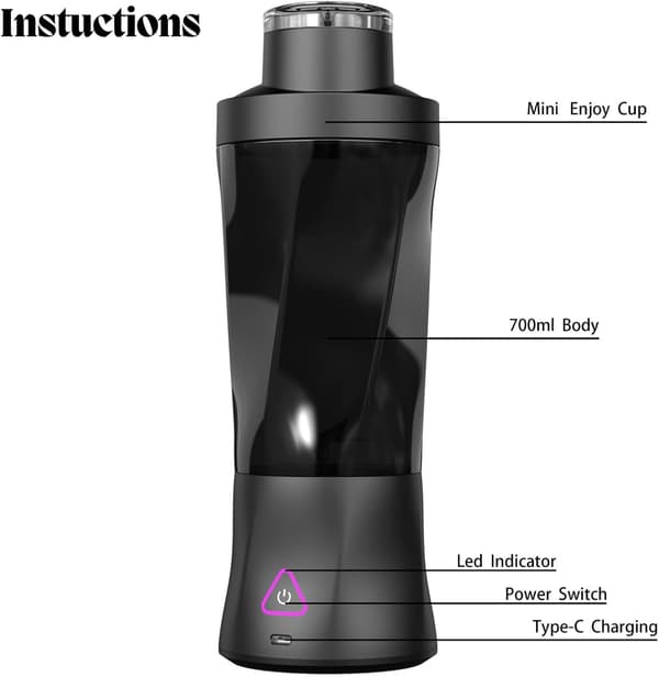 Juicer USB Genopladelig 6000mAh Med 6 Opgraderede Blade, 24Oz Kapacitet (Sort)