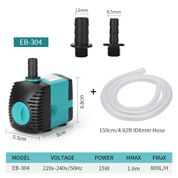 Upotettava vesipumppu suihkulähteeseen (800 l/h, 15 W) 2 suuttimella, 1,6 m nostokorkeus, 1,5 m vesiputki
