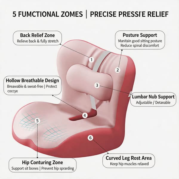 2-i-1 Rygg- och Sittdyna med Svankstöd, Integrerad L-formad Memory Foam (Grå)