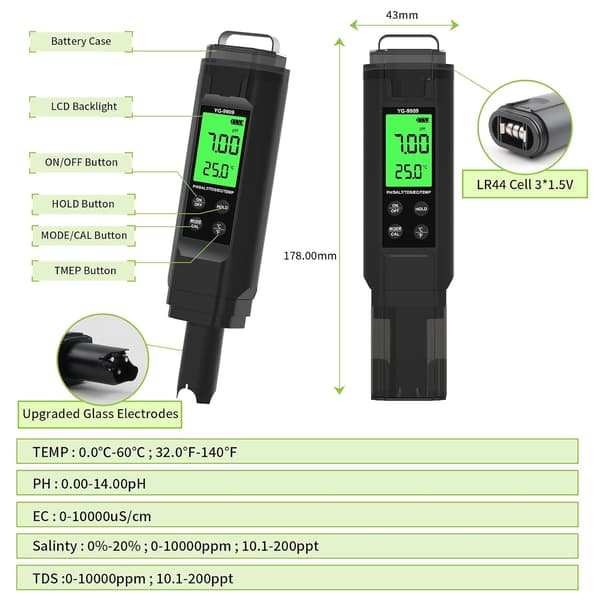 5-i-1 Digital Vanntester, TDS, Saltholdighet, EC, Temp, pH-måler for Vann