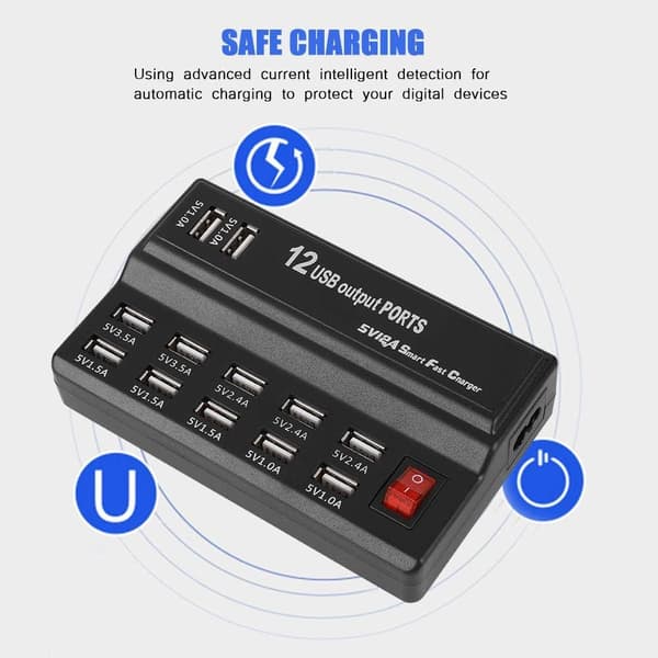 USB-oplader 12 porte 5V 10A indgang Multi USB-porte ladestation