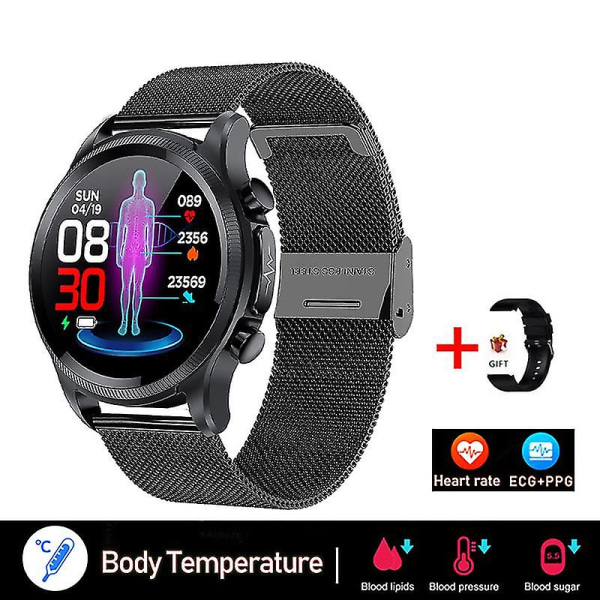 2022 Blodsocker Smart Watch Ecg+ppg Monitoring Blodtryck Kroppstemperatur Smartwatch Herr Ip68 Vattentät Fitness Tracker - Smart Watches Mesh belt black