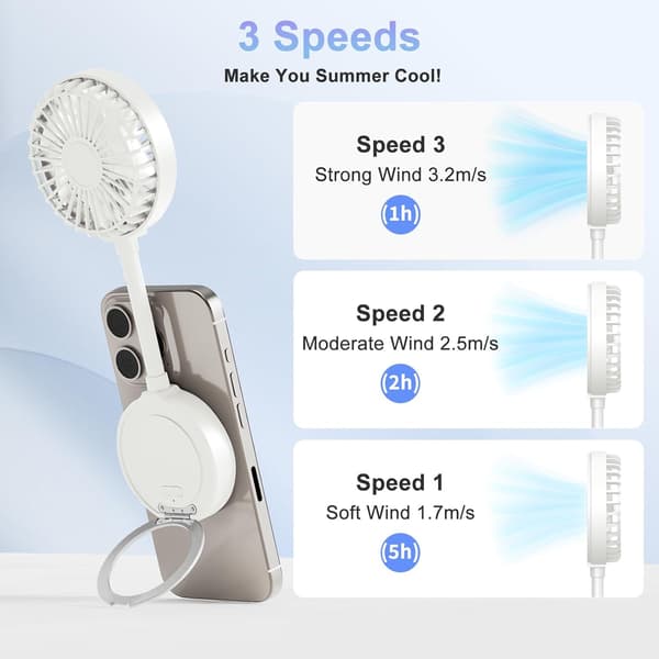 Magnetisk Telefonventilator, Genopladelig med Ringholder USB (Hvid)