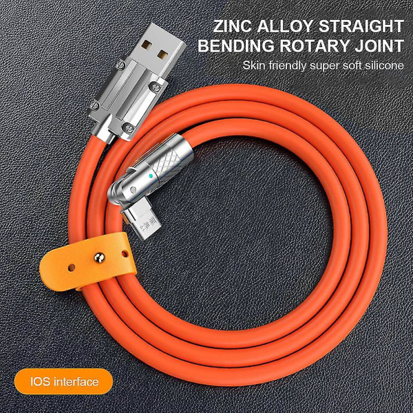 120cm USB C-kabel Roterande armbåge zinklegering till typ C snabbladdarkabel för Samsung för Huawei snabbladdare 120w 6a USB sladd Orange For iPhone