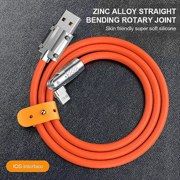 120cm USB C-kabel Roterande armbåge zinklegering till typ C snabbladdarkabel för Samsung för Huawei snabbladdare 120w 6a USB sladd Orange For iPhone