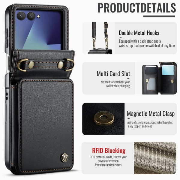 Etui til Samsung Galaxy Z Flip 7, med RFID-blokerende kortholder og remstativ (sort)
