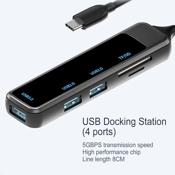 Sovitin - USB C -keskitin, moniporttinen, 5-in-1 USB Type-C - USB TF/SD (musta)