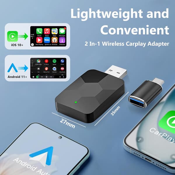 Trådløs Carplay-adapter, 2-i-1 Mini Størrelse Carplay & Android Auto, Plug & Play, Rask Autotilkobling