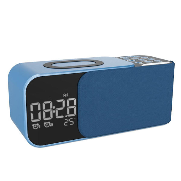 Digital Stereo FM Radio Vekkarklokke Nattlys Bluetooth Høyttaler 10W Trådløs Lader-Blå