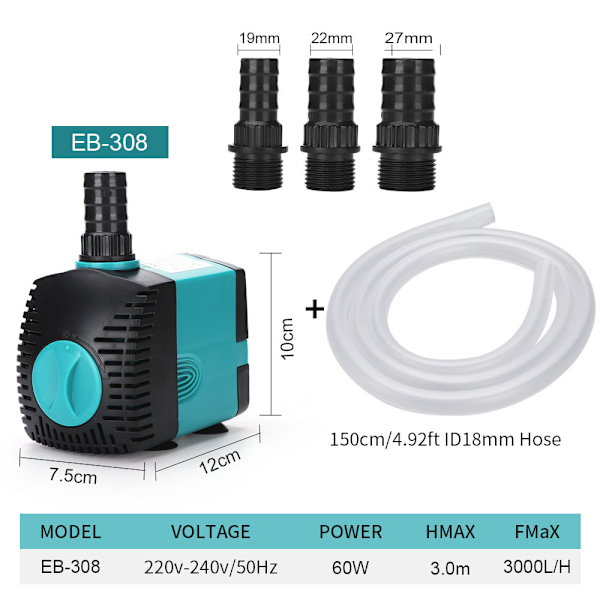 Vandpumpe Nedsænkbar Fontæne (3000L/H, 60W) med 3 Dyser 3,5 m Løftehøjde, 1,5 m vandrør