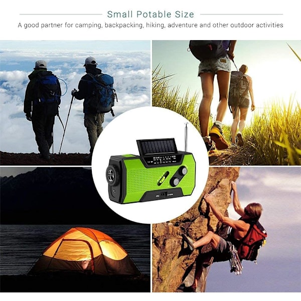Nødradio med solcellepanel, 2000mAh, håndsveiv, FM-radio og LED-lys (oransje)