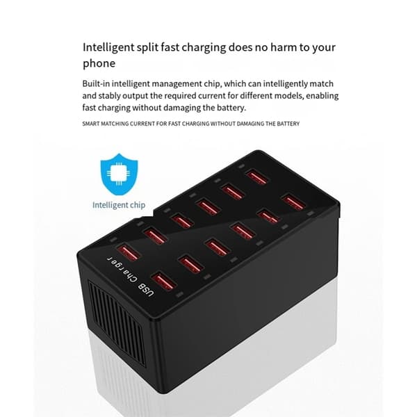 USB-ladestation 12-porte, med 10 datakabler, Hub Abs (til Android)