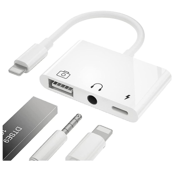 Lightning till USB 3 kameraadapter, 3 i 1 USB hona Otg-adapter med 3,5 mm hörlursuttag + kompatibel laddningsdelare