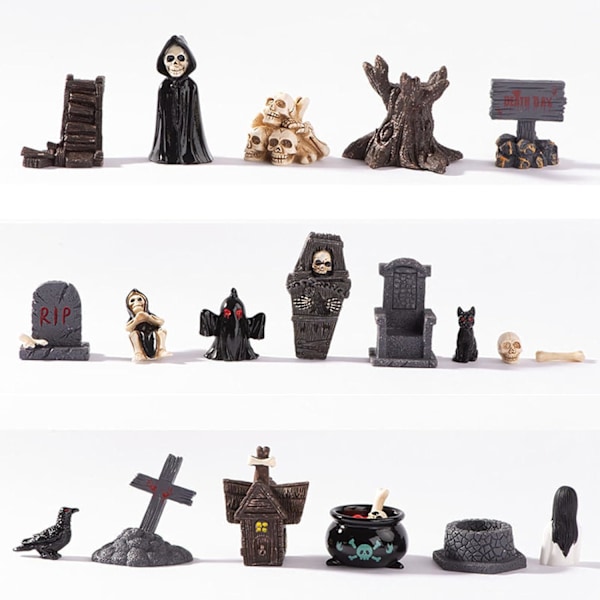 19 st Mini Figurer Skräck By Stad Tillbehör Set, Kreativa Miniatyr Skalle Huvuden Kråka Gravsten Scen Staty