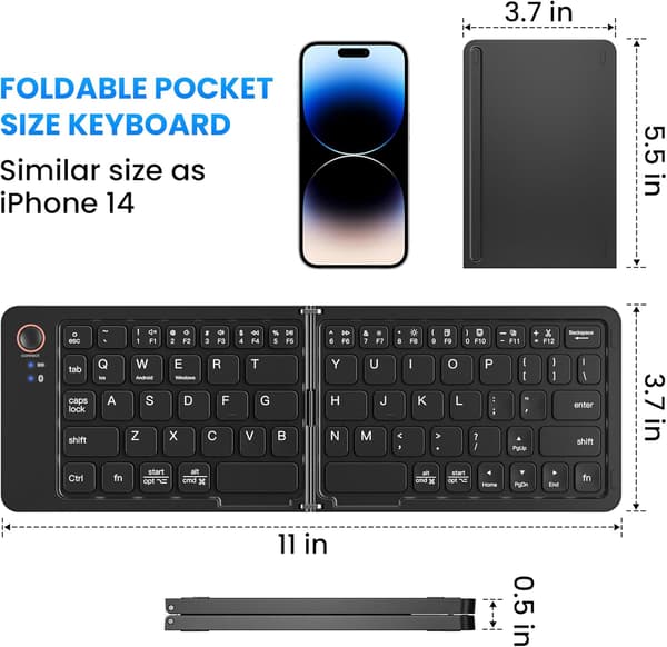Sammenfoldeligt tastatur i fuld størrelse (synkroniser op til 3 enheder), til Android Windows iOS (sort)