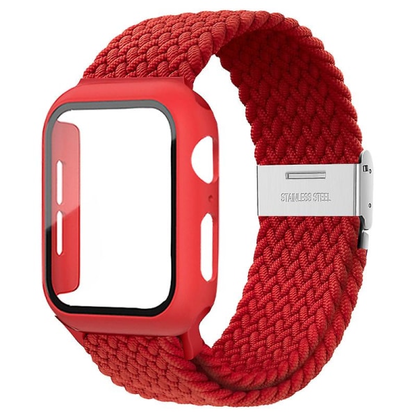 Flätad Solo Loop För Apple Watch Band 44mm 40mm 45mm 41mm 42mm 38mm Case+rem Nylon Elastiskt armband Iwatch Serie 3 5 6 Se 7 8 44mm series 654 se Red