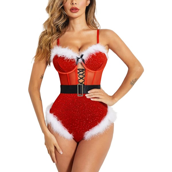 Underkläder för kvinnor Snap Crotch Bodysuit Jultomtedräkter Djup V Boudior Outfits