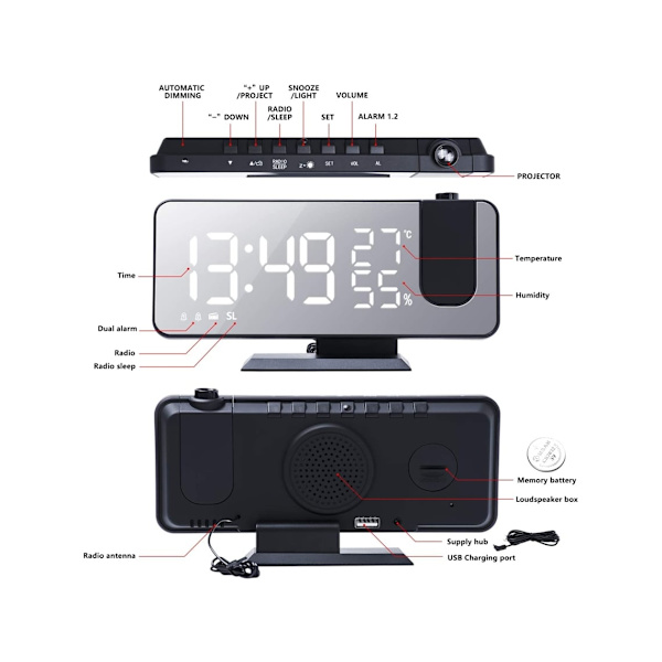 Radio kattoprojektiolla LED- USB kello, jossa lämpötila ja aika black