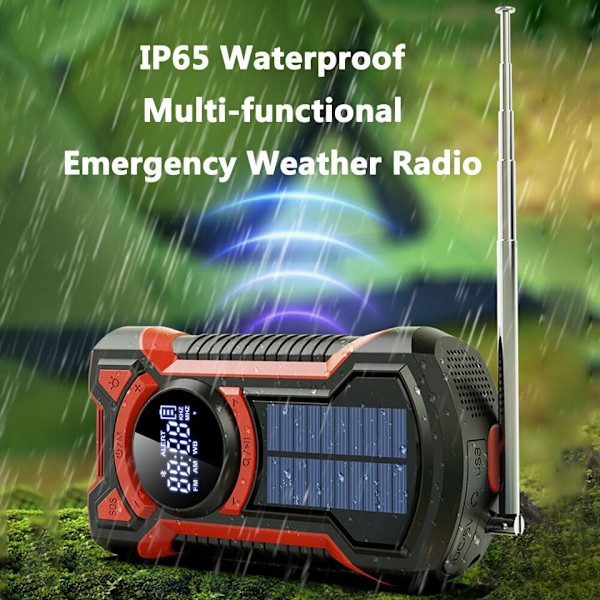 Aurinkoradio, hätäveivattava 5000 mAh, AM/FM/NOAA-säävaroitukset - Punainen