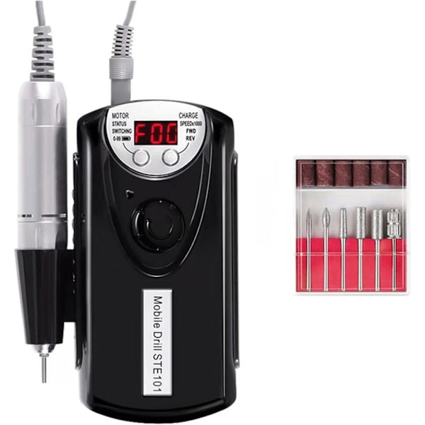 Elektrisk nagelfilmaskin, professionell uppladdningsbar 35000 varv/min nagelfil, med 6 bits (Svart)