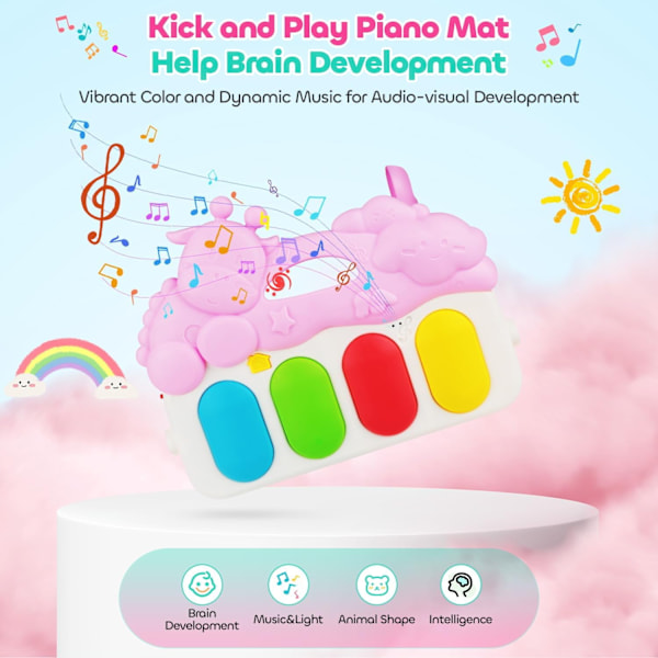 Baby Lekematte for Magetrening, med 5 Leker og Lekepiano Gymmatte med Musikk for Sensorisk og Motorisk Utvikling, Rosa
