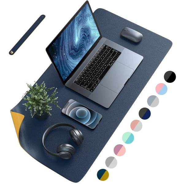 Sunrain Desk Pad Pöydänsuojamatto - Kaksipuolinen Pu-nahkainen työpöytämatto iso hiirimatto Navy Blue-Yellow 31.5* 15.7
