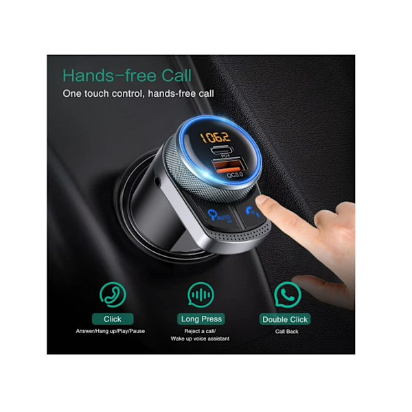 Bluetooth 5.1 Bil FM Transmitter 24W PD & 18W QC3.0 Opladningsport Håndfri Opkald Bluetooth Afspilning Sort
