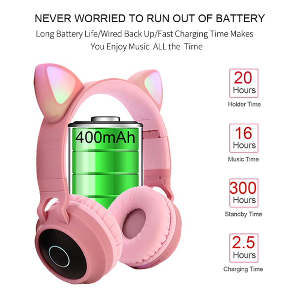 Søt katteørehodesett LED trådløs Bluetooth-kompatible hodetelefoner med mikrofon glødende hodetelefoner for barn Gaver døtre jenter Pink