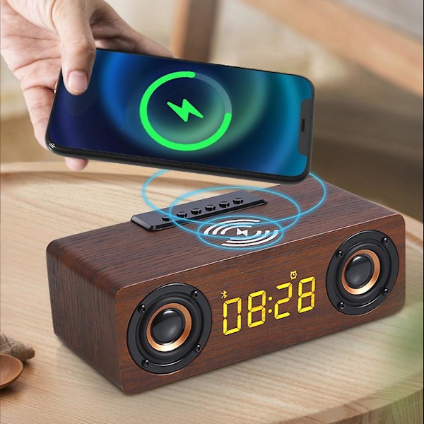 Nopea langaton laturi Puinen langaton Bluetooth-kaiutin Herätyskello 3D-stereokaiutin (Ruskea puun syy)
