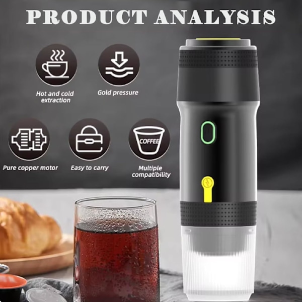 Bærbar kaffemaskine, 60 ml espressomaskine til kaffekapsler/pulver, sølv