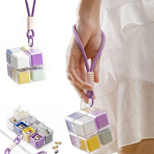 Pilleæske, 8 rum Rubik's Cube foldbar, med ophængsrem White