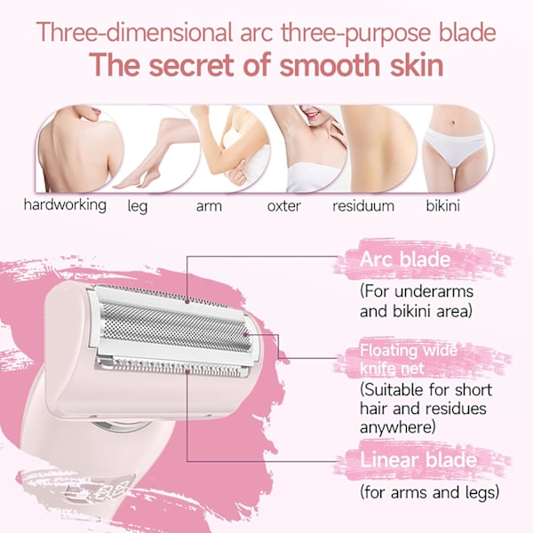 2-i-1 Elektrisk Rakapparat för Kvinnor - Våt och Torr för Bikini, Ben, Armar och Armhålor (Rosa)