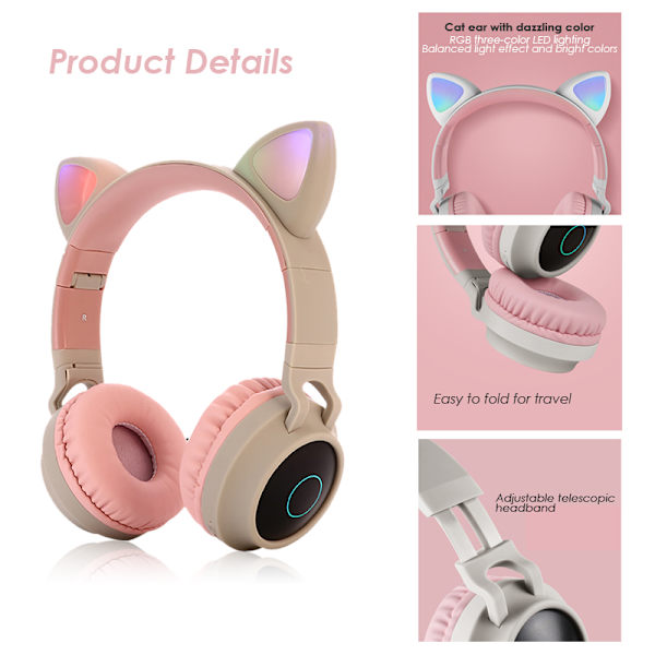 Cute Cat Ear Headset LED trådløs Bluetooth-kompatible hovedtelefoner med mikrofon glødende øretelefoner til børn Gaver døtre piger Purple