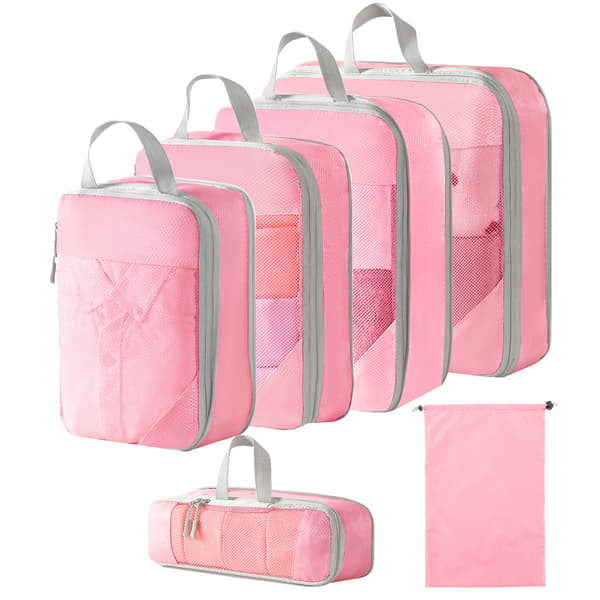 Set med resväska organiseringsväskor, med dragskoväska 6-pack (rosa)