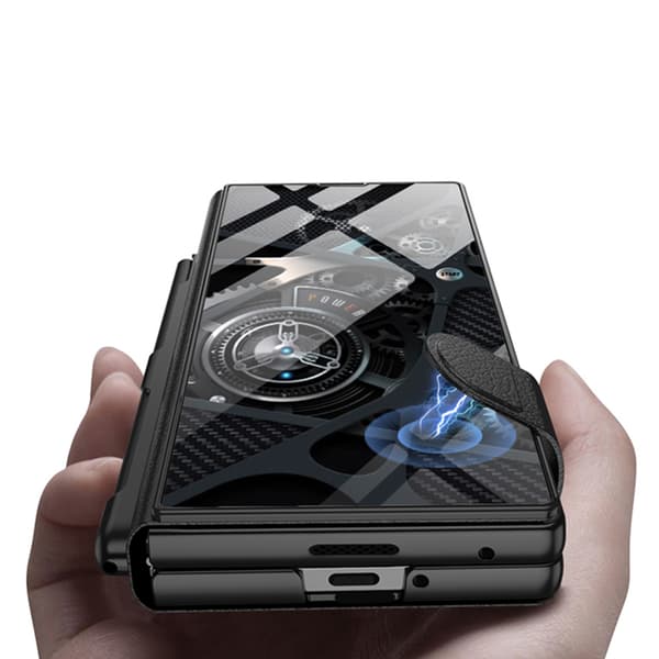 Etui til Samsung Galaxy Z Fold7, læder og glas flip med pen Marble B