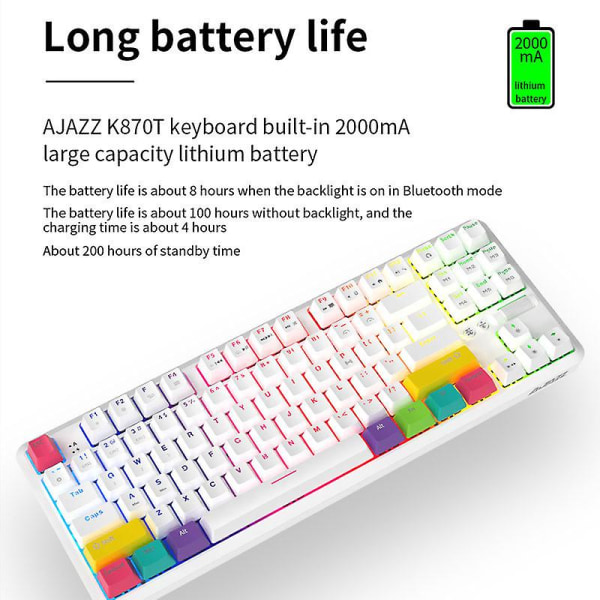 Ajazz K870t Bluetooth trådlöst mekaniskt tangentbord 87 tangenter Rgb bakgrundsbelyst för spel/kontor White Blue Switch