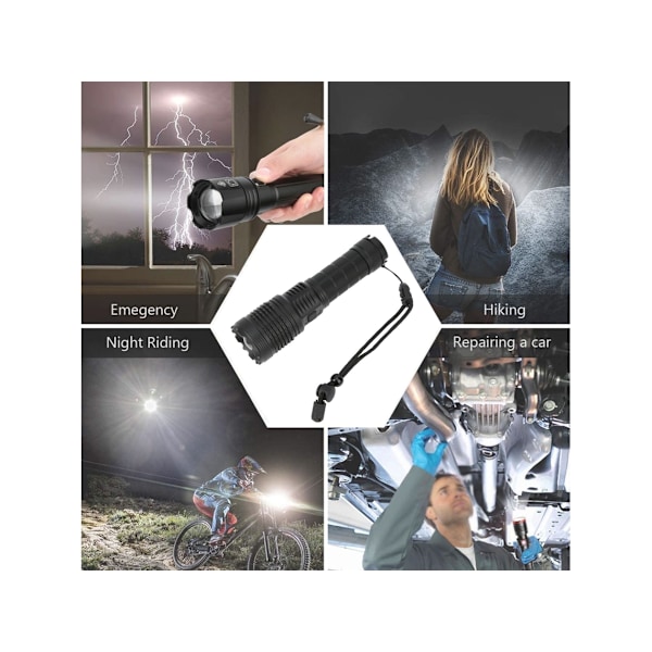 Tehokas USB-taskulamppu, zoom-toiminto, 5 tilaa (musta)
