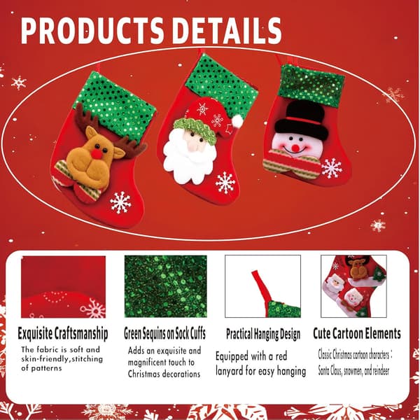 Julstrumpa 3-pack, 3D gröna paljetter Jultomten, Snögubbe, Älg