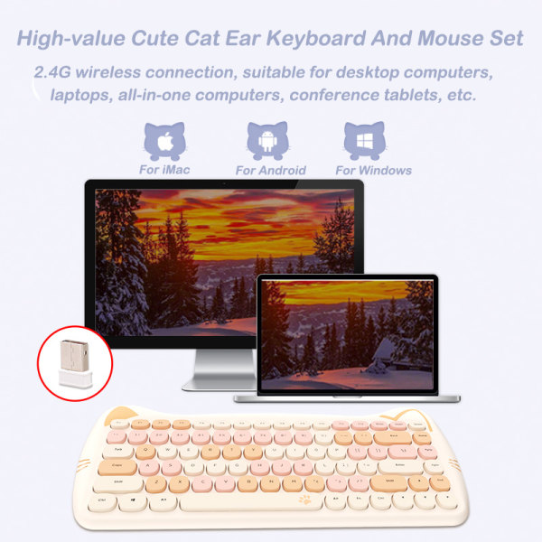 Cute Cat Ears 2.4G trådlöst set, 84 nycklar Home Office Gaming Mini Rosa/lila tangentbord, Mouse Gamer, För PC Laptop Purple