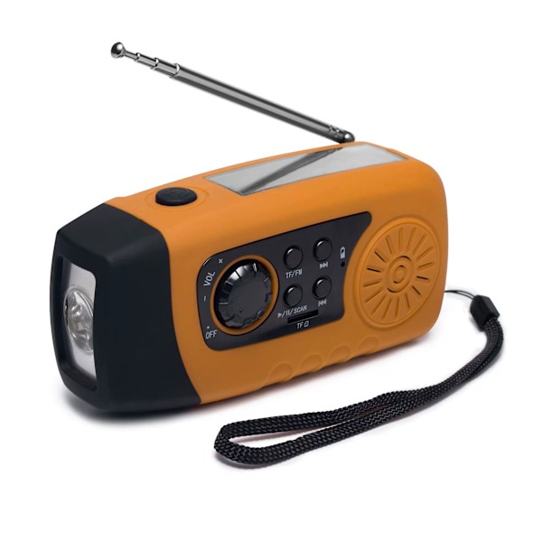 Aurinkoradio, 2000 mAh, hätäveivattava FM-radio taskulampulla ja USB-kaapelilla (oranssi)