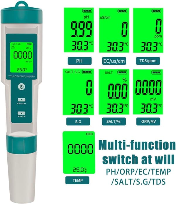 Digital pH-meter, 7-i-1 PH/ORP/EC/TEMP/SALT/SG/TDS Vandkvalitetstester